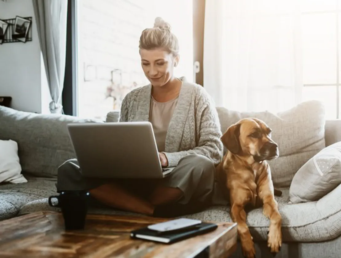 Cropped Woman Sat On The Sofa At Home With Her Laptop And Dog