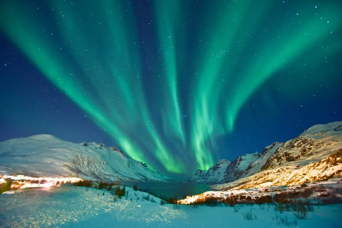 Aurora Borealis In Ersfjordbotn, Tromso Norway During Winter Season
