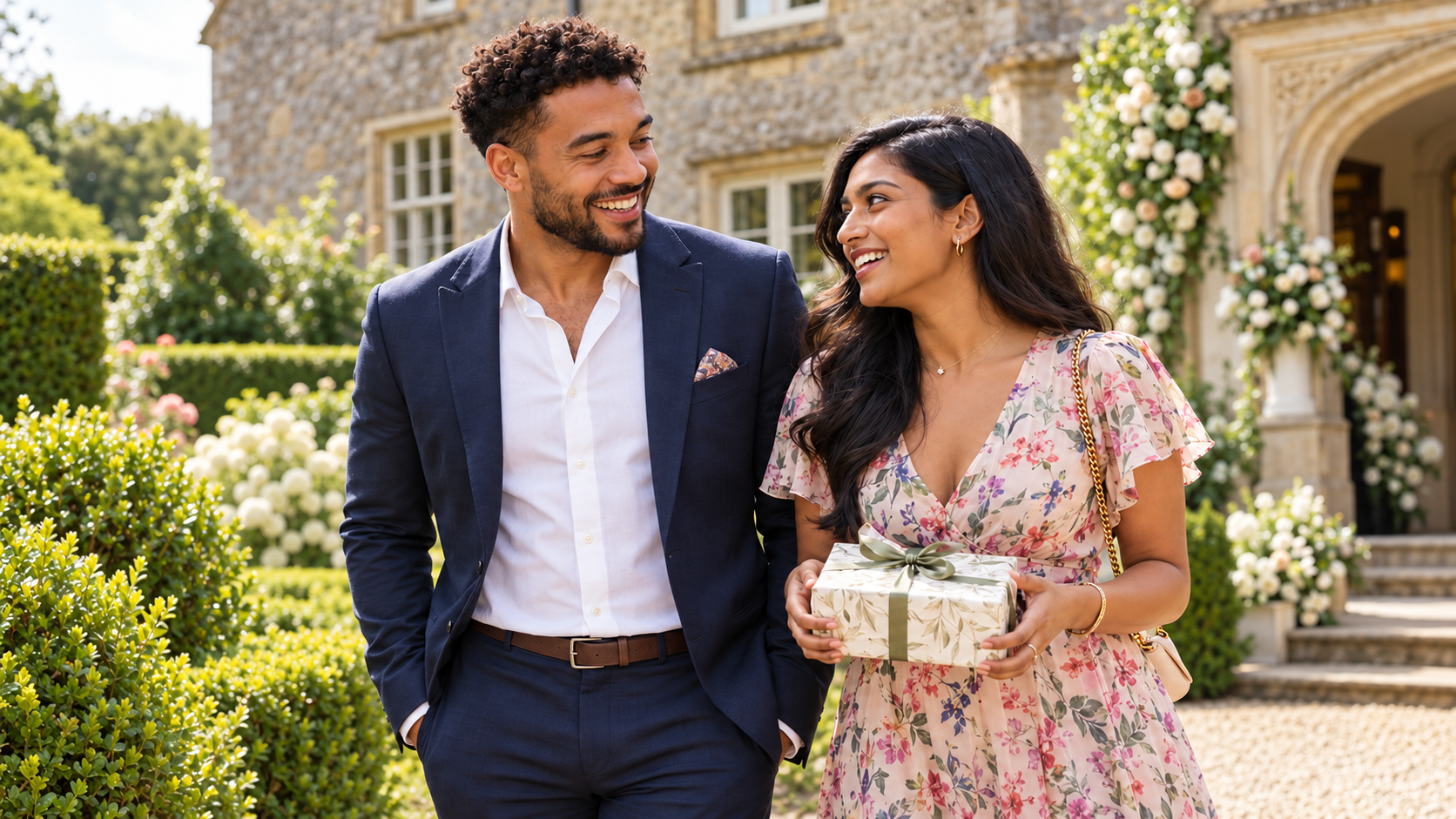 Two wedding guests smiling outside a venue, with one holding a wrapped gift.