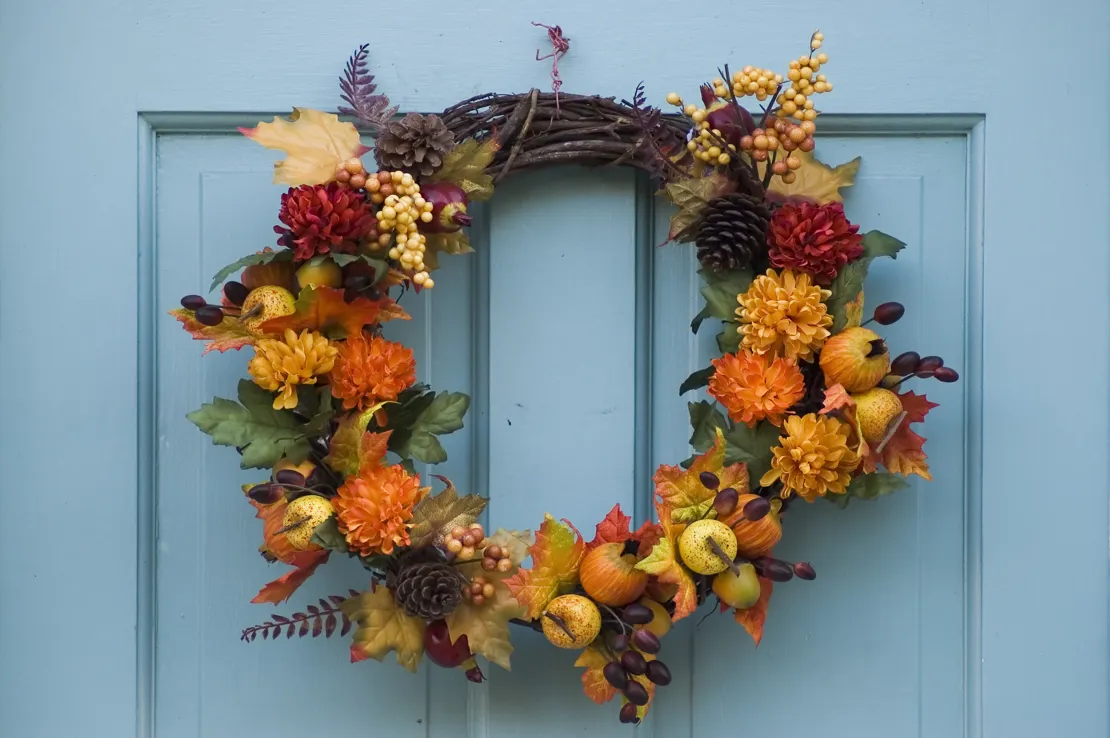 Autumnal Wreath On A Blue Door